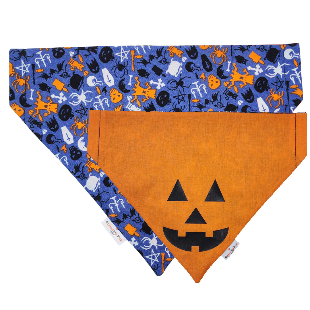 Halloween Dog Bandana (Over-The-Collar) - Scary Pumpkin (Reversible)